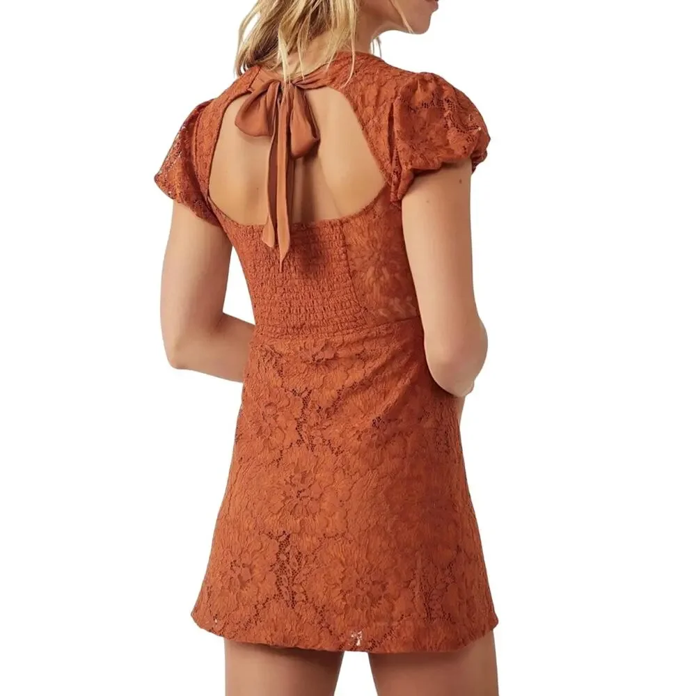 FREE PEOPLE FP Hailee Lace A Line Mini Dress in Burnt Orange Pretty Penny XS